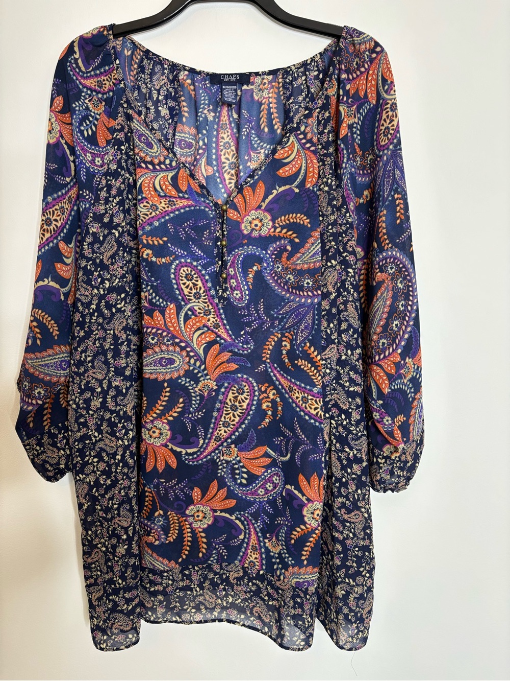 Chaps Navy Paisley Long Sleeve Boho Dress with Orange Accents
